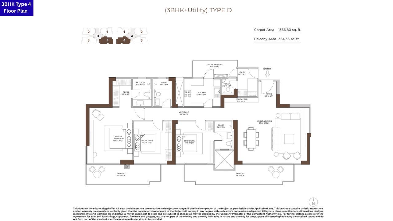 Conscient Residences Elaira 3BHK Type 4 Floor Plan