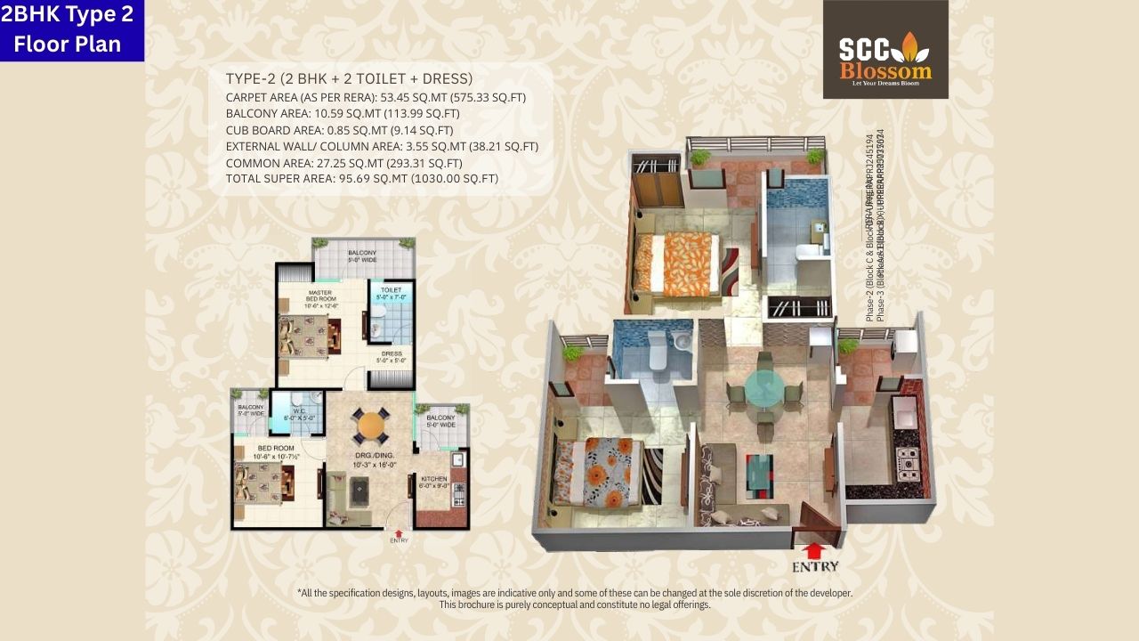 SCC Blossom 2BHK Type 2 Floor Plan