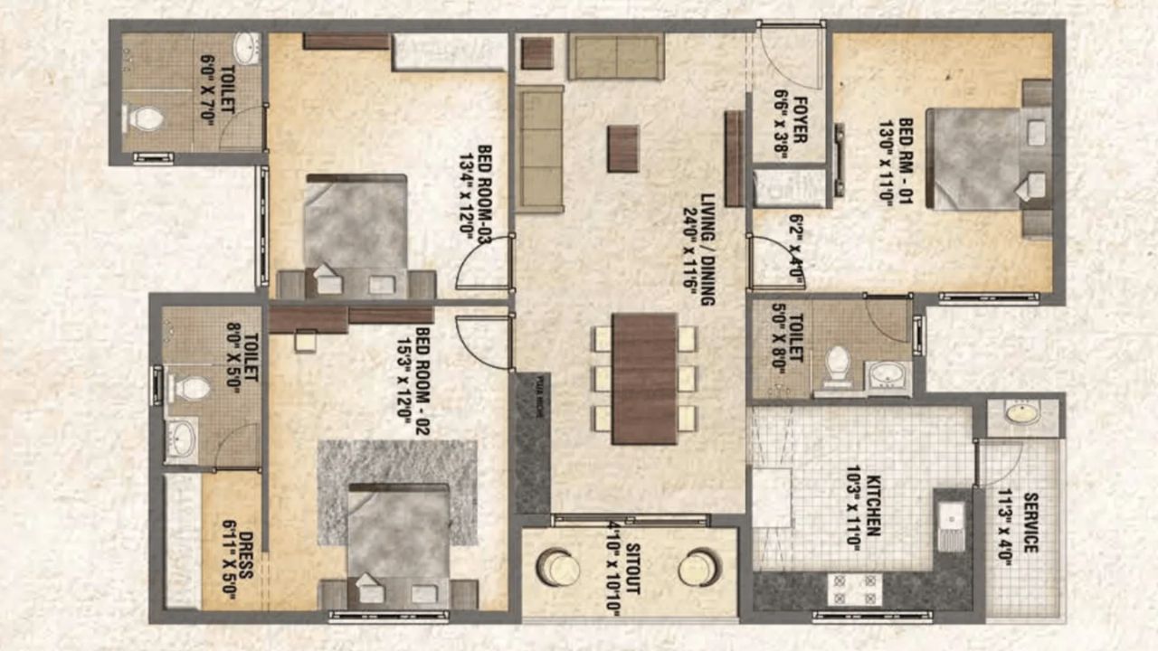 The Excellence Apartments Floor Plan 3 BHK