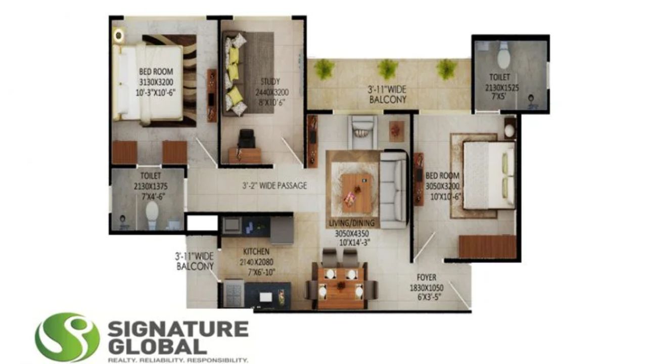 Signature Global The Millennia Floor Plan 2BHK Type 1