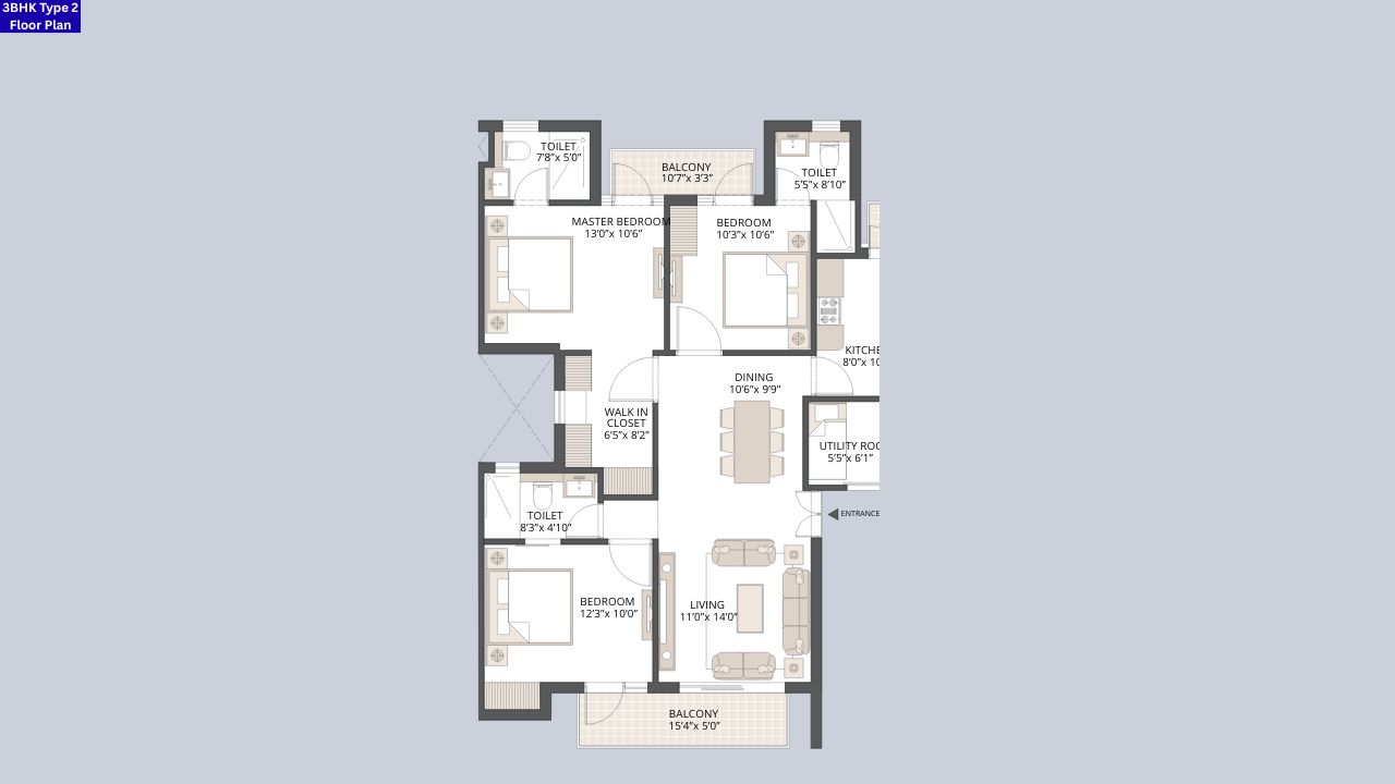 Emaar Palm Hills 3BHK Type 2 Floor Plan