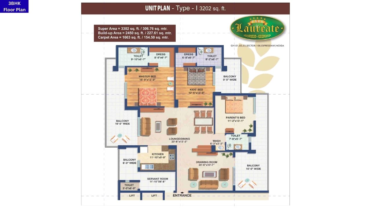 Parx Laureate Sector 108 3BHK Floor Plan