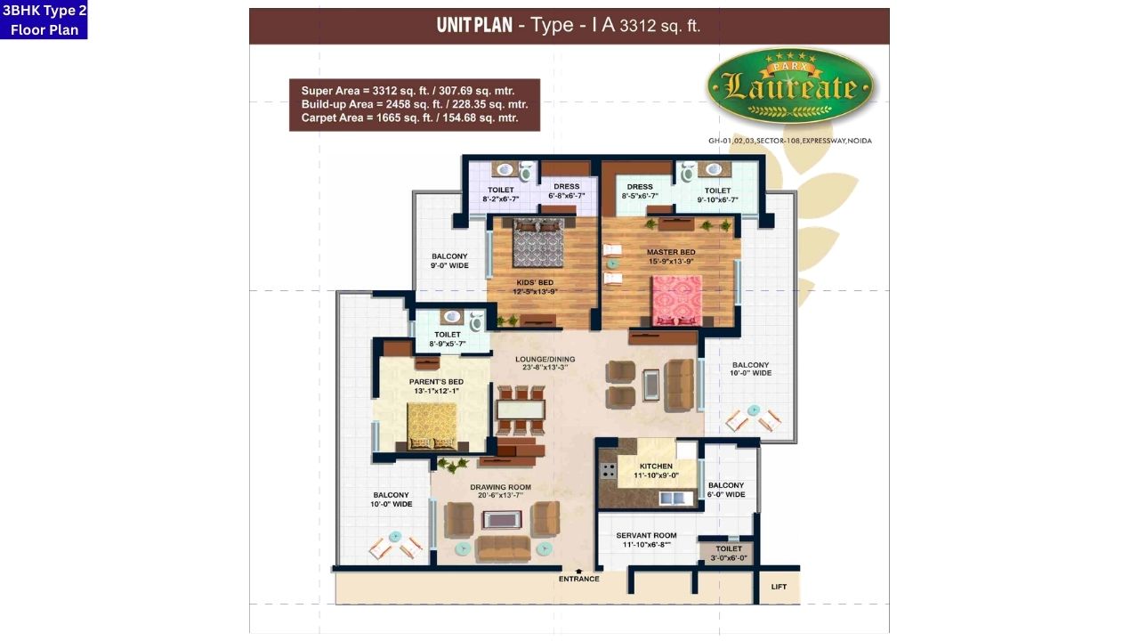 Parx Laureate Sector 108 Noida 3BHK Type 2 Floor Plan