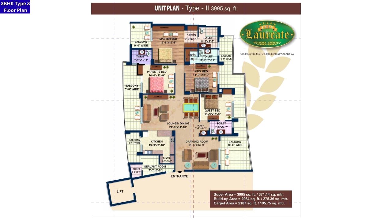 Parx Laureate 108 Noida 3BHK Type 3 Floor Plan