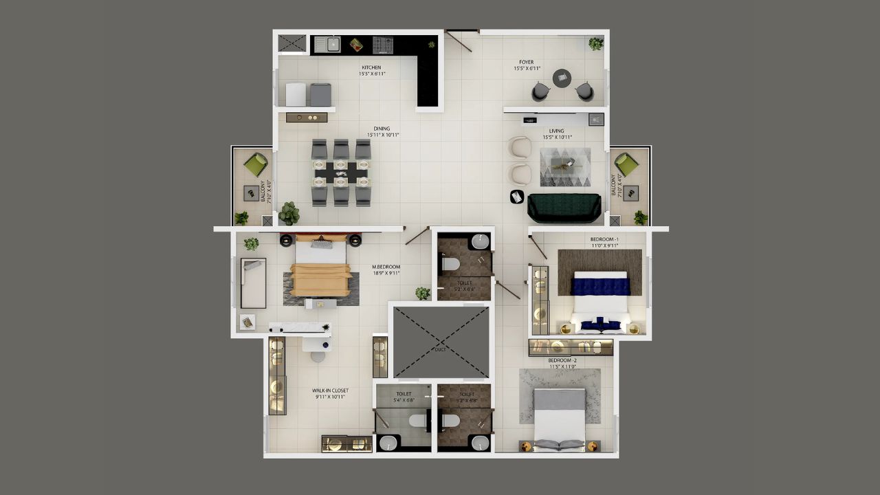 Provident Sunworth City Floor Plan Type 1 3BHK