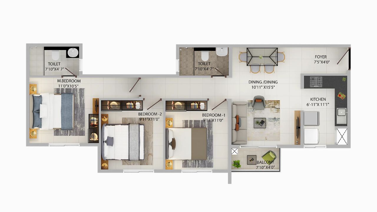 Provident Sunworth City Floor Plan Type 2 3BHK